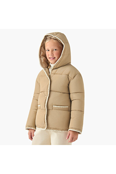 ELIGO Scalloped Trim Puffer Heavy Jacket with Hood and Button Closure