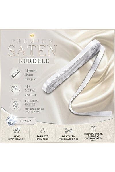 edalle Beyaz Saten Kurdele 1 Cm 10 Metre, Özel Gün Hediye Süsleme Kurdelesi