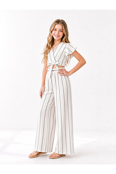 MadyaButik Set casual cu dungi pentru fete, top scurt și pantaloni largi, set...