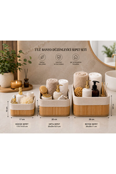 Arsimo 3-Piece Square Bamboo Basket Set |   Multi-Purpose Shelf Organizer |  ...