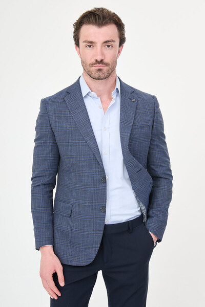Mcr Plaid Slim Fit Mono Collar Men's Jacket Navy Blue - 41497.26Y