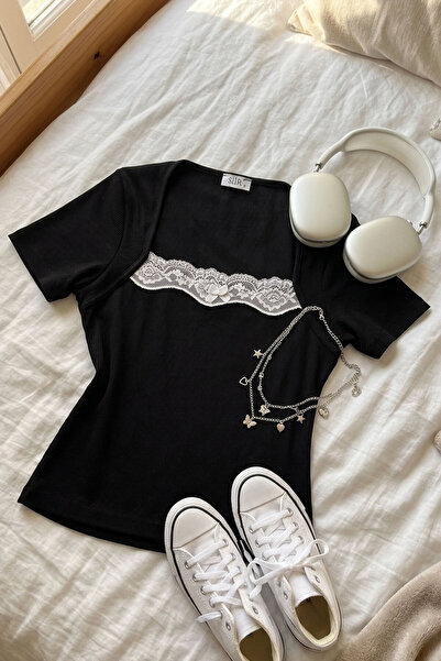 Şiir Lamu Slim Fit Swan Collar Lace and Bow Detail Short Sleeve Top & Blouse ...