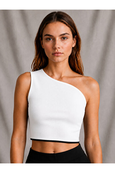 ZYKRION Kadın Beyaz Tek Omuz Asimetrik Crop Bluz Slim Fit Esnek Kumaş Şık Günlük