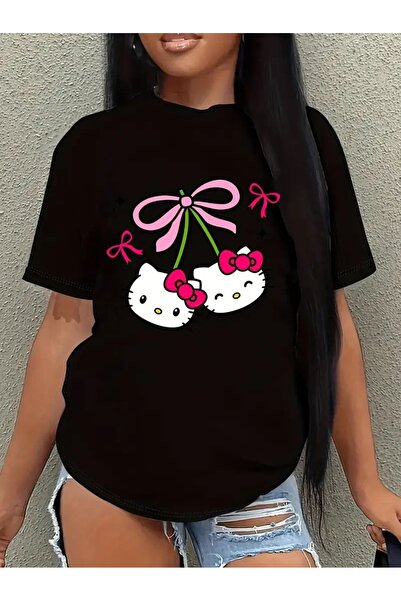 TİMİSİVA Unisex Oversized Printed Crew Neck Short Sleeve Black T-Shirt