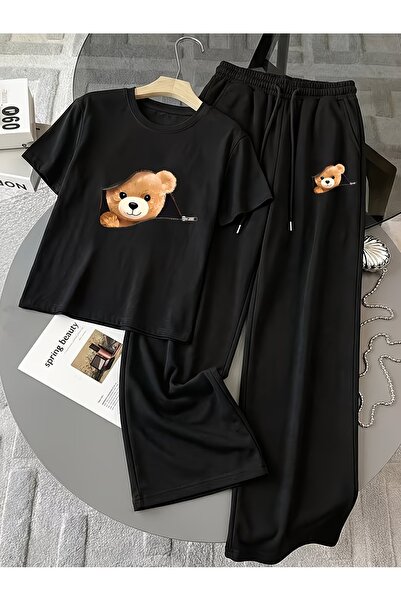 macklin Unisex Women's Men's Zipper Bear Print Oversized Tshirt and Baggy Swe...