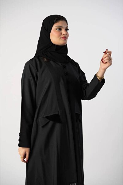 FJ عباءة سوداء بتصميم أزرار مخملية وجيوب أمامية - 60