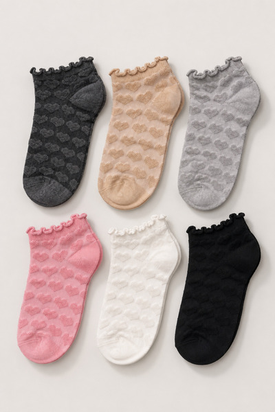 tibo 6 Pairs of Nose Seamless Heart Embossed Lettuce Elastic Summer Women's B...