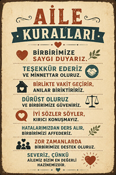 Lucena Aile Kuralları Retro MDF Tablo Vintage Dekoratif Duvar Yazısı 20x30 cm