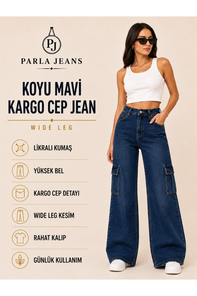 Parla Jeans Women's Dark Blue Comfort Lycra Wide Leg High Waist Cargo Pocket ...