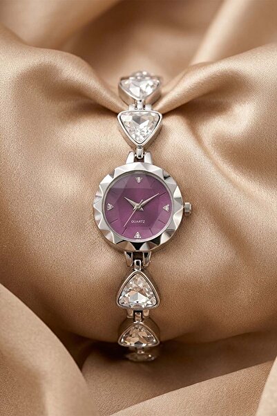 GANYMET Swi̇ss Women's Silver Steel Bracelet Watch with Purple Dial and Cryst...