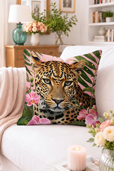 Home Leopar ve Pembe Orkide Desenli Kırlent Kılıfı - Tropikal Yapraklı Dekora...