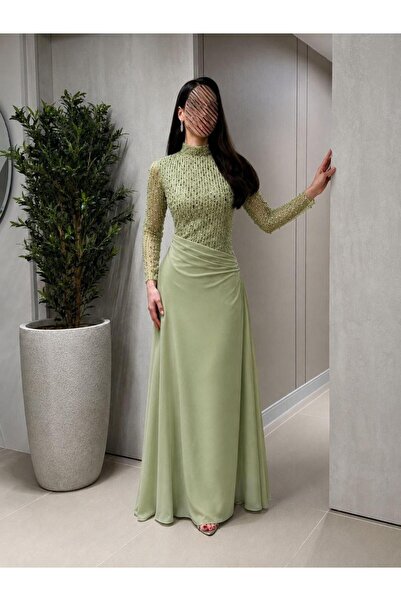 led style High Neck Maxi Dress with Heavy Beading Top Evening Gown