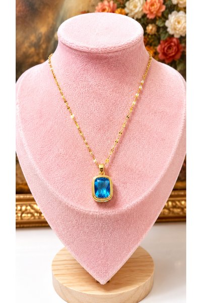 Gizemindünyası Blue Baguette Stone Gold Color Chain Necklace