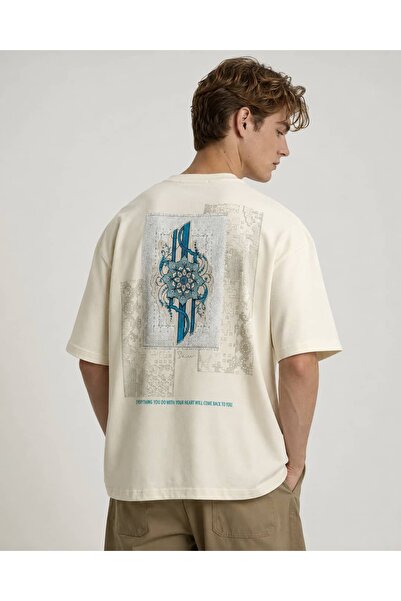 CANMODA Beige Color Oversize Blue Mandala Ethnic Patterned Back Printed T-Shirt