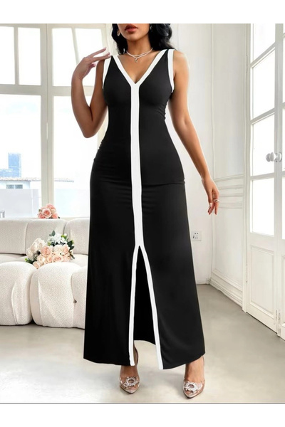 Beruflic Women's Strappy Deep V-Neck Long Viscose Dress with Slit Detail