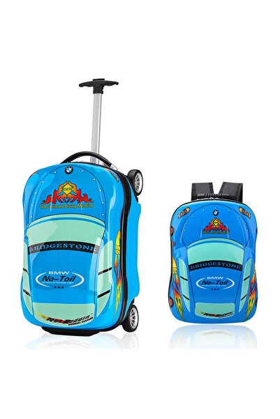 HI-FINE 2Pcs Kids Cartoon Racing Car Luggage Set 18 Inch Rolling Suitcase + M...
