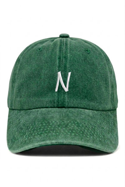 ŞapkaMania Dark Green Embroidered Washable Vintage Unisex Hat with Letter N