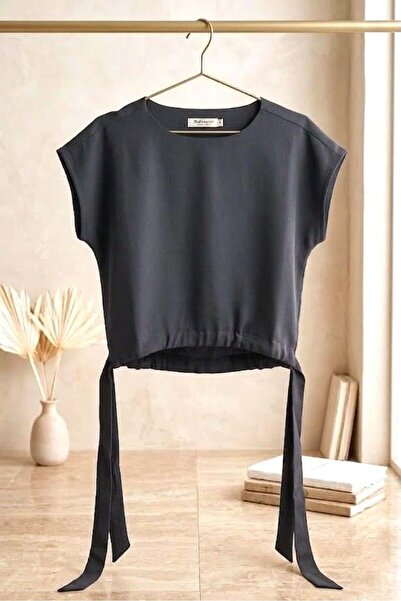 Raneel Kazançlı Alışveriş Women's Side-Tie Tencel Fabric Blouse Gray