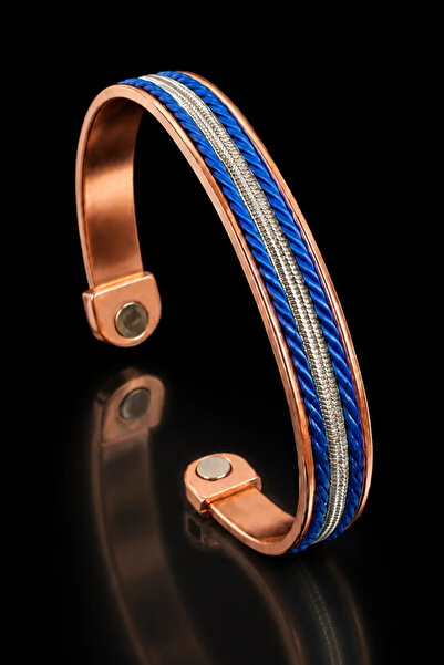 OSMANLI GÜMÜŞ Men's and Women's Copper Bracelet with Navy Blue Leather Strip ...