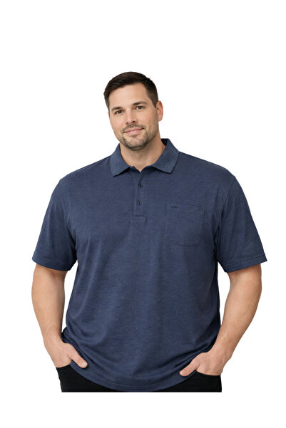 BattalModa Men's Plus Size Melange Indigo Polo Collar Short Sleeve Single Jer...