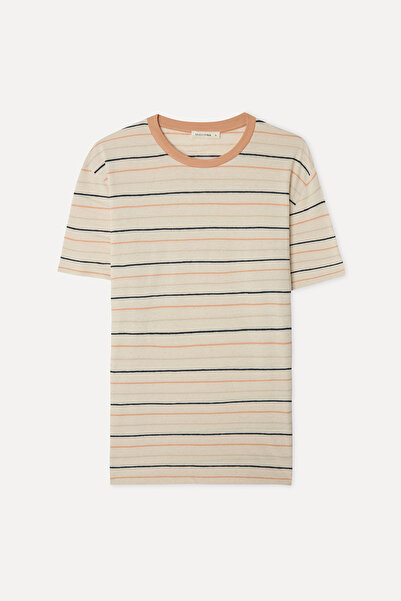 Mudo Men's Ecru Striped Comfort Fit Crew Neck Linen Blend T-Shirt