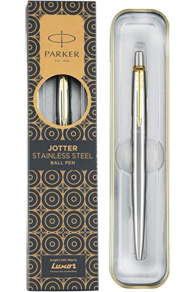 Parker قلم حبر جاف، مصنوع من الفولاذ مع حواف ذهبية، من سلسلة مومنتس (فضي)