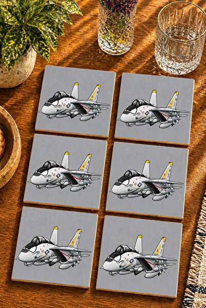 JHAAR Modern 6-Piece Set of Coasters with Jet Plane Illustration - Uv Printin...