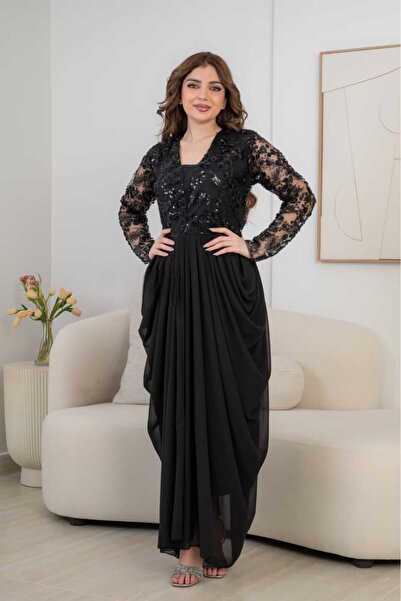 MNCENTER Luxury Black Royal Sequins Embroidered Gown with Flowing Draped Desi...