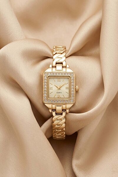 GANYMET Ctos Women's Gold Square Steel Watch with Stone Bezel Champagne Dial ...