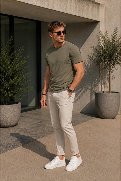 Maccali Tricou casual kaki, cu broderie pe piept, pentru bărbați
