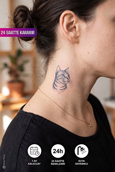 BP Tattoo 24 Saatte Kararan Minimal Kedi Dövmesi Boyun Bilek Geçici Dövme