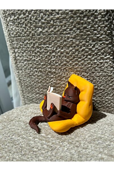 Kitap Okuyan Sinirli Oturan Kedi Figürü (3d)
