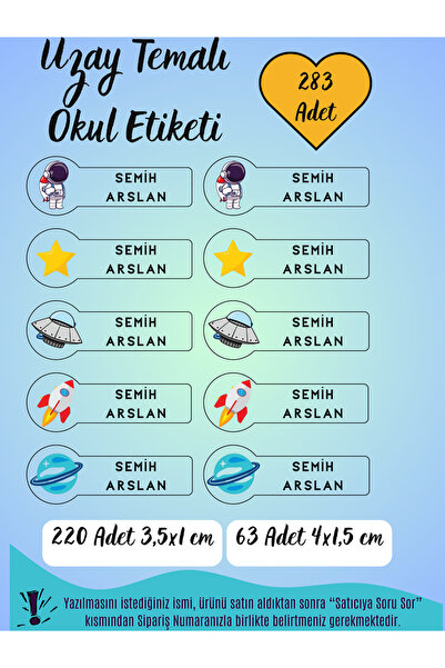 TOZLU RAF 283 Adet Kişiye Özel Uzay Temalı Okul Etiketi