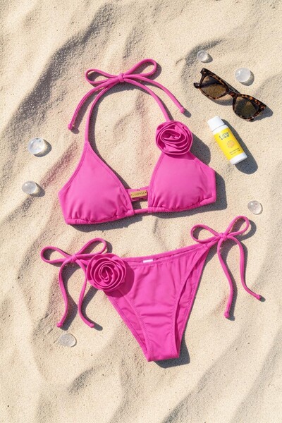 Luvensa Pembe Gül Detaylı Üçgen Bikini Takımı