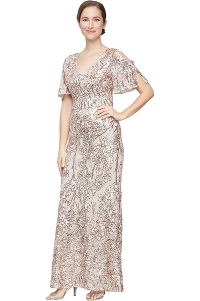Alex Evenings Women's Long Sequin Flutter Sleeve Special Occasion Dress