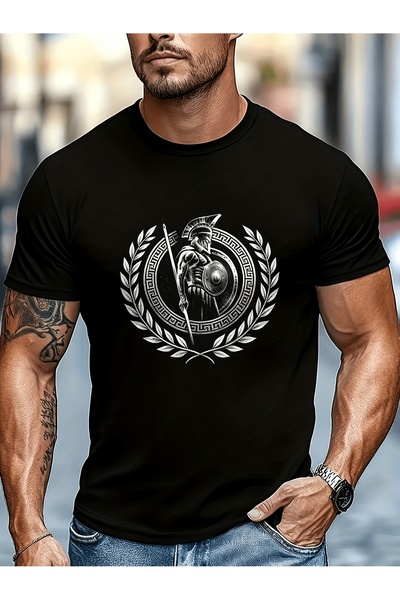 17 seramik Men's Pure Cotton T-shirt, Featuring a Spartan Warrior Shield Prin...