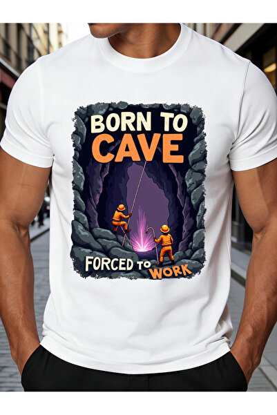 BASEPULSE Retro Vintage Style Men'S T-Shirt Born Cave Forced to Work Graphic ...