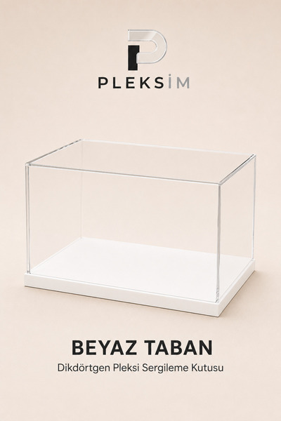 15x10x10 cm Dikdörtgen Şeffaf Pleksi Sunum Kutusu Toz Korumalı Akrilik Sergileme ve Vitrin Kutusu Beyaz Taban