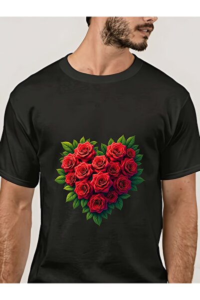 LİNA06 180g Soft Cotton T-Shirt with Heart Roses Design Perfect Valentines Da...