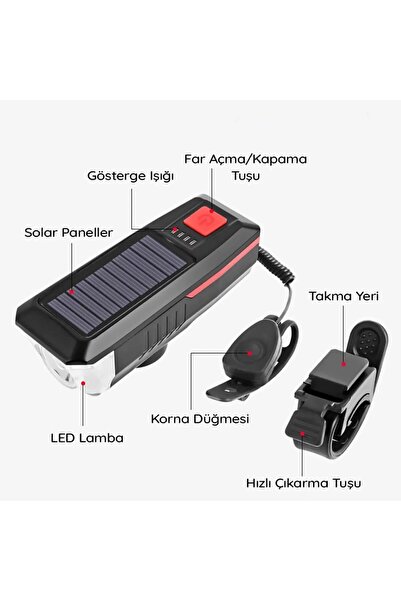 Carub Çok Fonksiyonlu Bisiklet Farı | LED Fener, Alarm, Kornalı, Solar & USB Şarjlı, Su Geçirmez