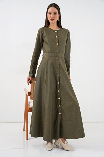 Merterium Women's Belted Long Denim Dress 1545 - Khaki