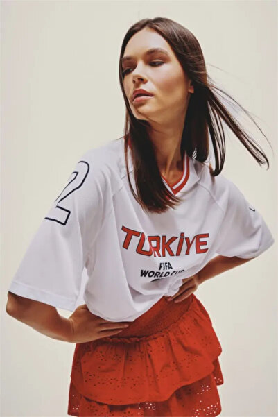 DeFacto Oversize V-Neck Turkey Printed Short Sleeve White T-Shirt I1982Ax26Hs