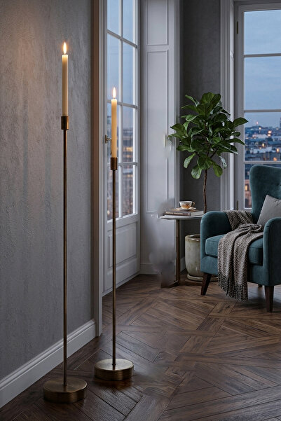 AA HomeLight 2'li Eskitme Uzun Şamdan İkili Mumluk Takımı Dekoratif Ev Aksesu...