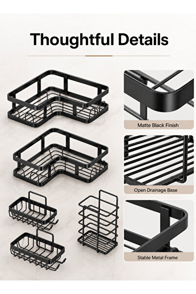 Yoawllty Black No Drill Corner Shower Caddy Set 5 In 1 Large Capacity Adhesiv...