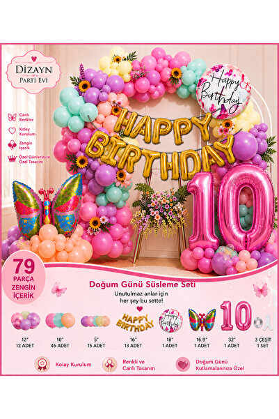 Dizayn Parti Evi 79 Parça Kelebek Temalı Doğum Günü Süsleme Seti Pastel Pembe...