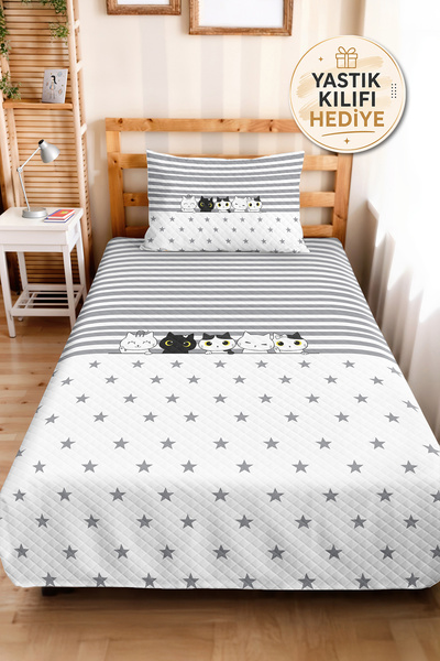 Evimde Bambaşka Set cuvertură de vară cu dungi, modern, 160x220 cm, cu pisică...