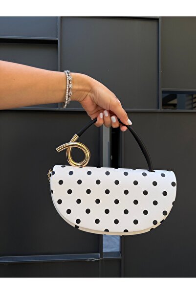 Tina İstanbul Metal Ring Detailed Hand and Shoulder Bag Polka Dot White