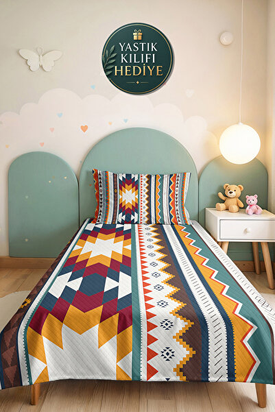 Evimde Bambaşka Ethnic Geometric Turquoise Young Room Single Pique Set - Bohe...