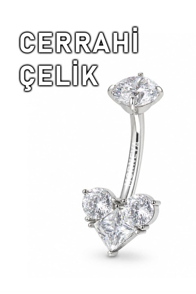 MORNEVA Cerrahi Çelik Taşlı Üçgen Kalp Göbek Belly Piercingi (1 Adet)