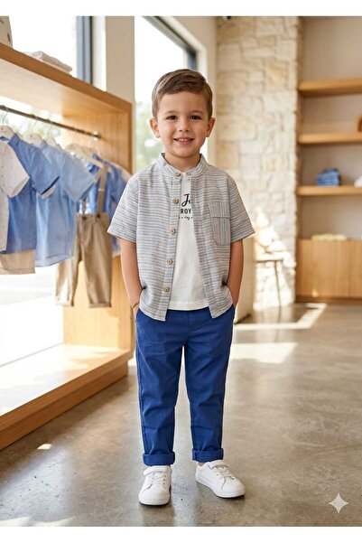 KAYAKİDS Boy's Shirt Tshirt Pants 3-Piece Wedding Suit Boys' Navy Blue Linen ...